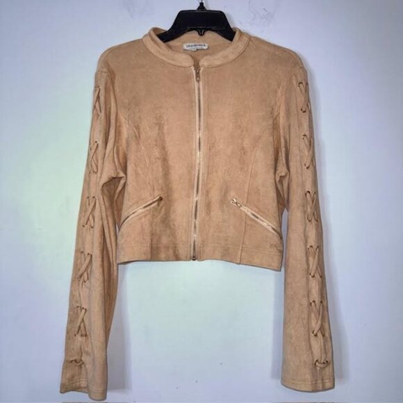 Fashion Nova Women's Vegan Suede Stretch Jacket Full Zip Pockets Tan SZ 1X - Picture 6 of 9